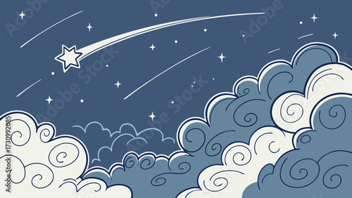 Whimsical cartoon night sky with swirling clouds, stars, and shooting star in a dreamy blue color palette