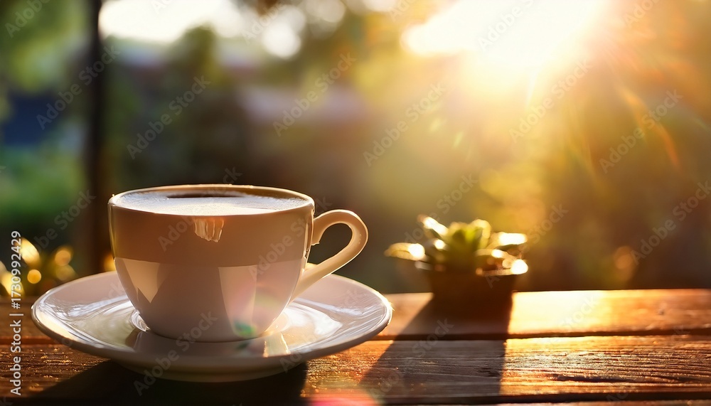 Obraz premium Cup Of Coffee On The Table In The Sun Light