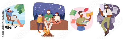 People in VR goggles relaxing and having break, enjoying camping and studying cartoon scene set