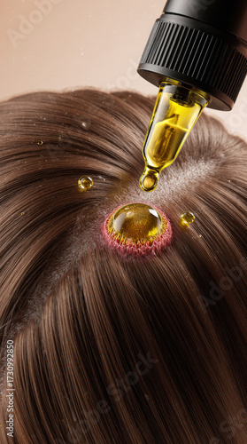 Microscopic view of hair follicle, oil droplets. 3D illustration of haircare shampoo, conditioner, serum. Nourishing effects of hair care product. Healthy hair, scalp treatment, cosmetic technology