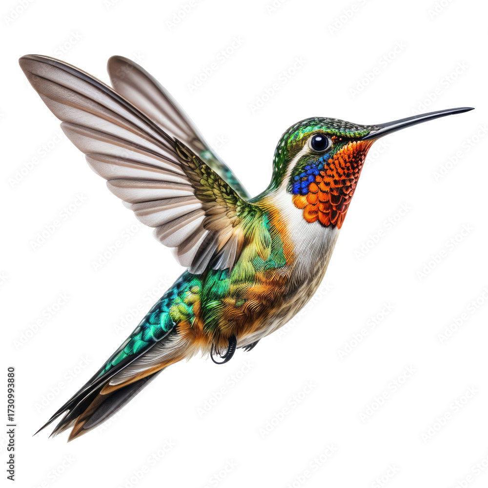 Obraz premium A detailed portrait of a hummingbird in flight, with vibrant colorful plumage