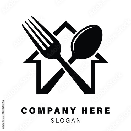 Modern food logo design house shape with crossed fork and spoon for restaurant business