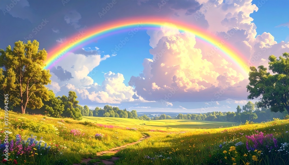 Obraz premium Lush meadow, rainbow, summer sky