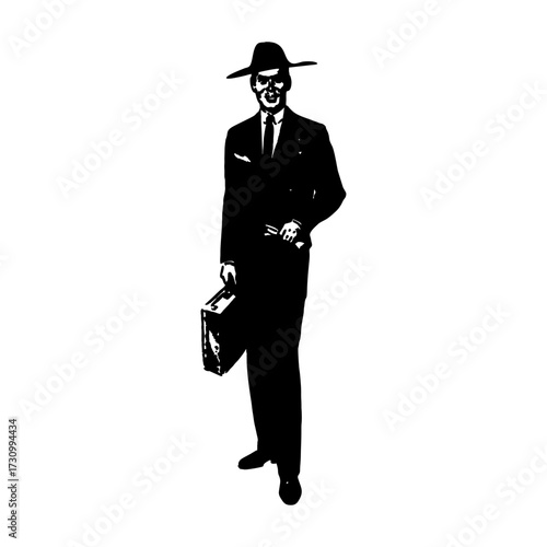 Young businessman in a black suit and hat holding a gun, styled as a retro gangster silhouette suit
