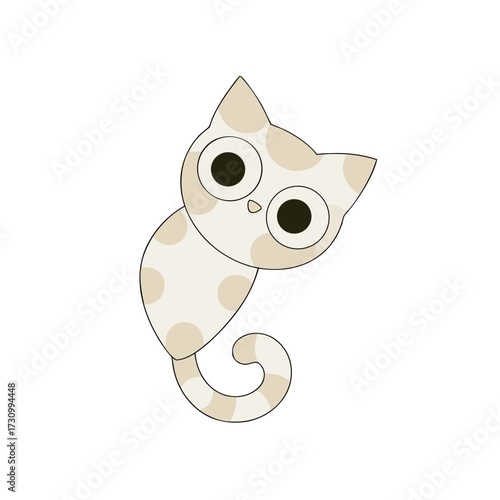 Cute cartoon cat with large eyes looking sideways on white background  