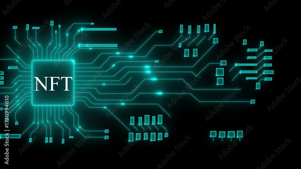Neon circuit board with N F T text glowing on central chip digital technology concept non-fungible token