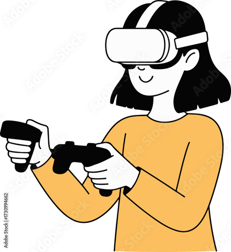 Vector art of a young woman with short black hair is immersed in a virtual reality experience, wearing a vr headset and holding controllers, she is smiling and appears to be enjoying the game