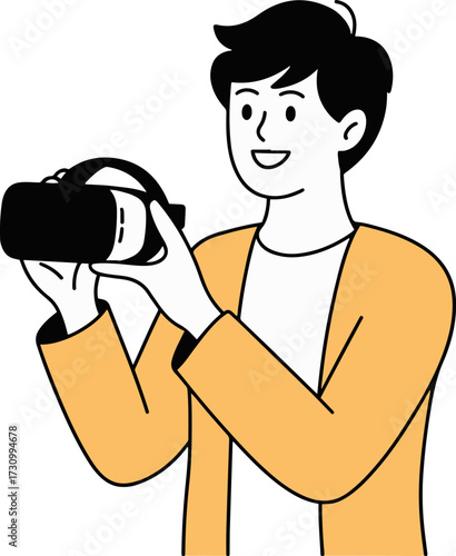 Vector art of a smiling man with short black hair is holding a vr headset with both hands, looking at it with curiosity, hes wearing a yellow cardigan and smiling