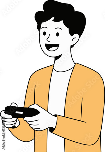 Vector art of a young man is playing a video game, holding a controller and looking at the screen with a smile, he is wearing a casual outfit and appears to be enjoying the game