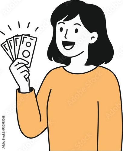 Vector art of a cheerful woman holds a fan of cash in her hand, smiling with delight she is wearing an orange sweater and has short black hair, showcasing financial success and happiness