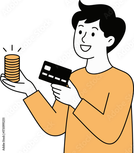 Vector art of a cheerful man in an orange shirt smiles as he holds a stack of gold coins in one hand and a black credit card in the other, he seems ready to spend or save his money wisely