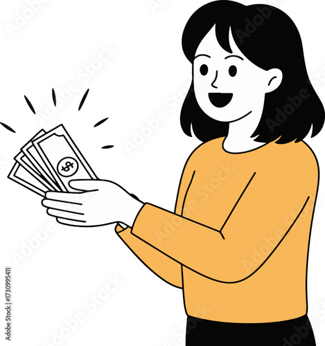Vector art of a cheerful woman in an orange shirt holds a fan of dollar bills, her expression suggests she has received a financial windfall or is enjoying her earnings