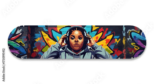 Young woman with headphones listens to music near graffiti wall

