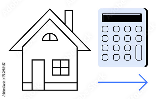 Minimal house icon beside digital calculator with arrow indicating calculation. Ideal for real estate, mortgage, property investment, budgeting, financial planning, homeownership, cost analysis