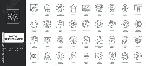 Process digitization, smart business innovation thin black and red outline symbols vector illustration Digital transformation, analytics and cloud computing, AI automation of industry line icon set.