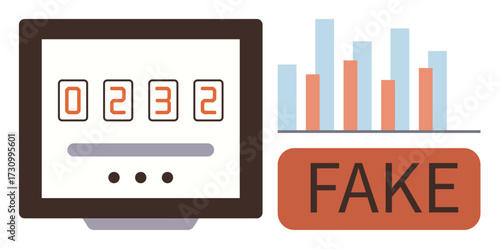 Counter on a screen showing numbers and a bar chart next to a FAKE label. Ideal for data manipulation, misinformation, fraud detection, analytics, scams, awareness campaigns, simple flat metaphor