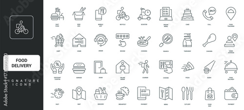 Pizza and burger, grocery to deliver by mobile transport thin black and red outline symbols vector illustration Food delivery to home from cafe and restaurant, online menu, payment line icon set.