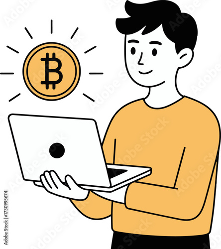 Vector art of a man with a laptop is looking at a bitcoin that is shining he is wearing an orange shirt and has black hair he is smiling and looks happy to be earning bitcoin