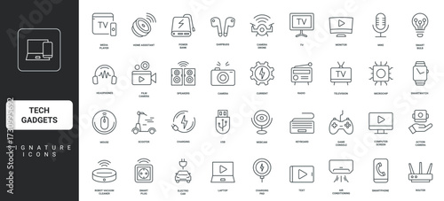 Computer monitor and keyboard, webcam, earbuds and power bank thin black and red outline symbols vector illustration Tech gadgets, smartphone and tablet, laptop and digital camera, TV line icon set.