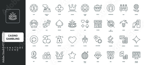 Gamble, dice and joker, exchange of chips, fortune thin black and red outline symbols vector illustration Casino gambling, roulettes and poker game, jackpot and lottery, slot machine line icon set.
