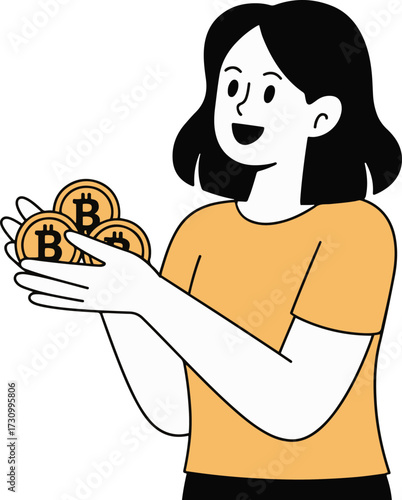 Vector art of a woman is holding three bitcoins in her hands she is wearing an orange shirt and has black hair she is smiling and looks happy to be earning bitcoin
