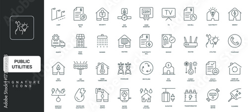 Monthly payment for bill, internet and TV thin black and red outline symbols vector illustration Public utilities, electricity and heating, water and gas meters and supply, sewerage line icon set.