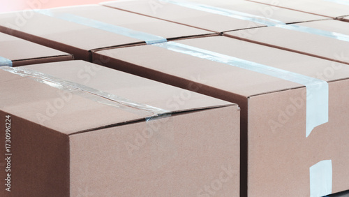 Cardboard boxes on rack in logistics distribution warehouse storage, storage logistics delivery concept background