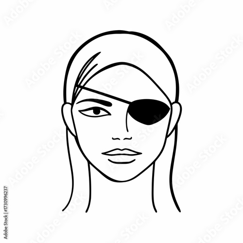 Minimalist line drawing of a woman with an eye patch  