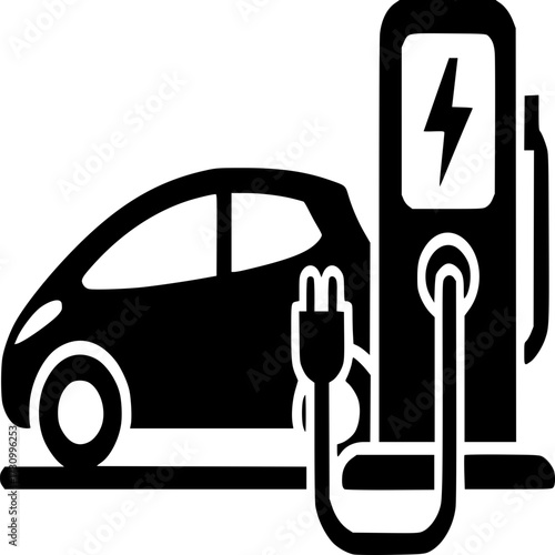 Electric Vehicle at Charging Station: A graphic illustration showcasing an electric vehicle charging at a charging station, representing sustainable transportation and eco-friendly energy.