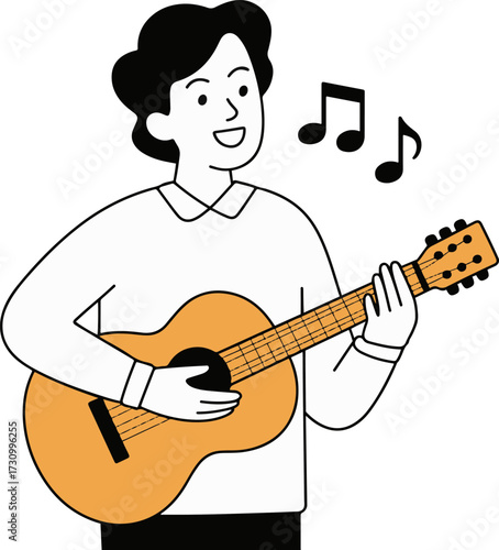 Vector art of a happy man is playing the guitar and singing, enjoying the music and expressing himself through art