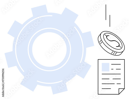Gear symbolizes process falling coin implies financial gains document represents strategy or records. Ideal for finance, productivity, processes, growth, organization, planning, consulting. Simple