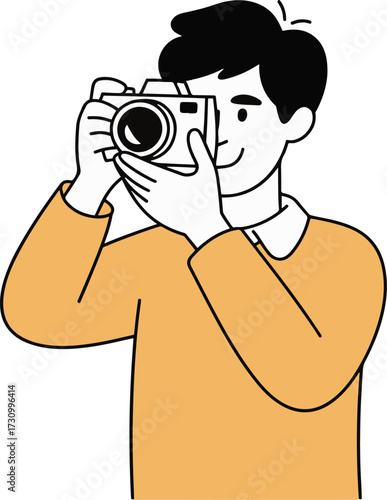 Vector art of a young man with a camera is taking a picture, he is wearing a yellow sweater and has black hair the camera is black and white he is smiling and looking at the camera