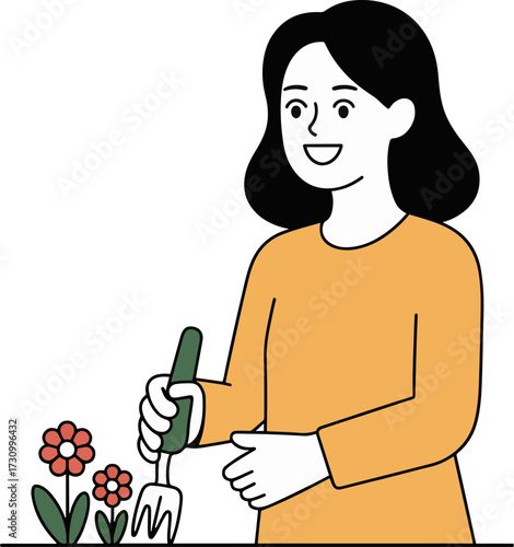 Vector art of a young woman is gardening, she is wearing a yellow sweater and has black hair she is smiling and looking at the flowers she is holding a gardening fork in her hand