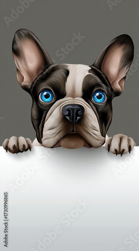 Un chien de race bouledogue français adorable avec des yeux bleus regardant au dessus d'un mur blanc, illustration avec espace pour texte, idéale pour message publicitaire.