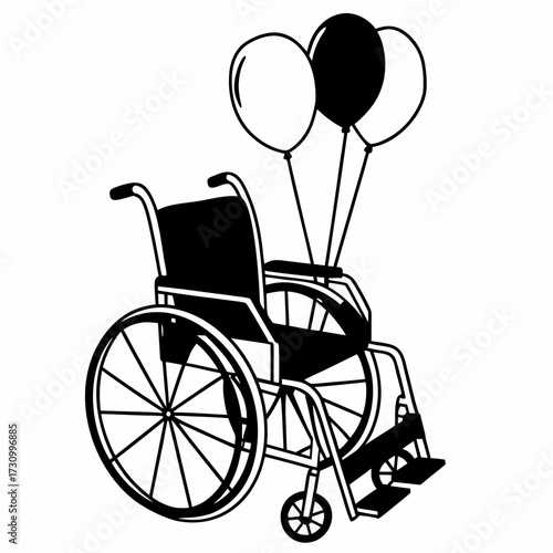 Wheelchair with balloons in a minimalist black and white design  