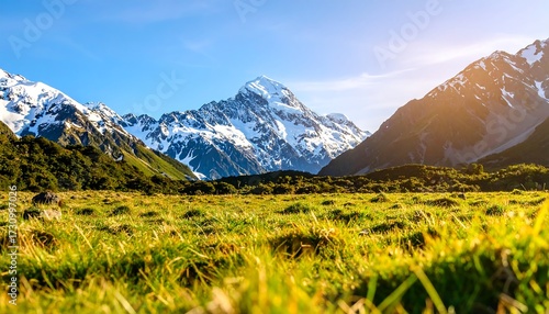 Lush green meadow at the foot of snow-capped mountains under a vibrant blue sky