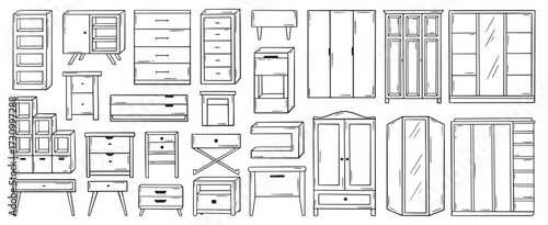 Doodle chest of drawers. Hand drawn tables, shelf, dressers, bedside table. Outline furniture for living and bedroom, clothes storage, neoteric vector set