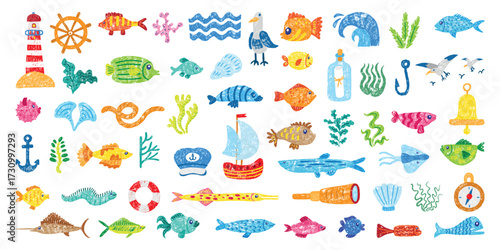 Sea elements crayon style. Ocean travel accessories, fish, seaweeds, shell, anchor, ship, seagulls. Children drawing style colored pencil, neoteric vector clipart