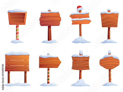 Christmas billboards. Winter wooden sign boards with snow caps. Road signs and pointer with xmas decorations, santa hat and garland, sapid vector set