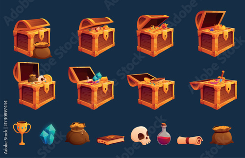 Cartoon open treasure wooden chests. Various jewels, piles of gold coins and crystals. Arcade game bonuses, pirate treasures, sapid vector clipart