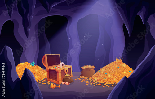 Treasure cave. Dark cave in mountain or rock with wooden chest with gold coins, golden cup, gems, crown. Cartoon pirate or king treasures, sapid vector illustration