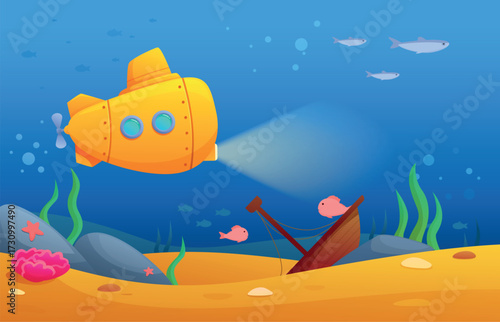 Submarine concept. Underwater boat with light, ocean animals and nature, plants seaweeds. Sand bottom with stones, cartoon bright sapid vector scene