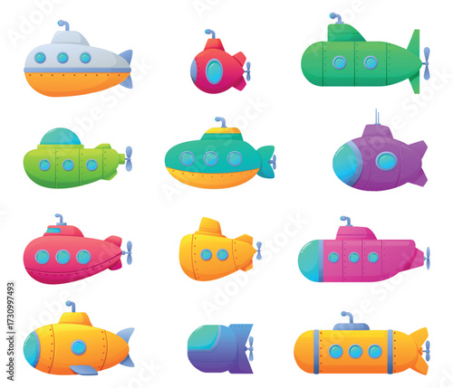 Isolated submarines. Cartoon bathyscaphes, children submarine elements. Underwater bright boats and vessels with windows for explorations, sapid vector clipart