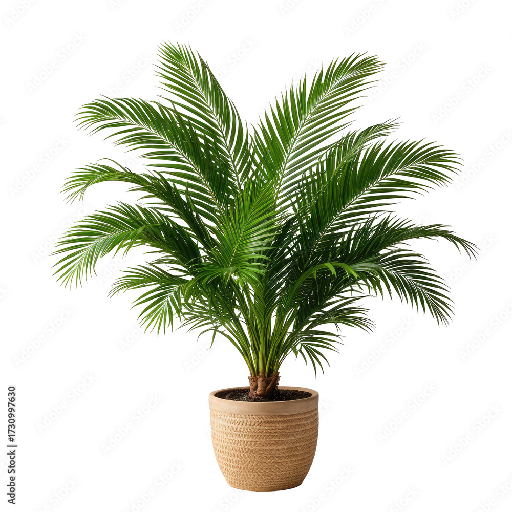 Fototapeta premium Lush green palm tree in a beige woven pot, isolated on black background