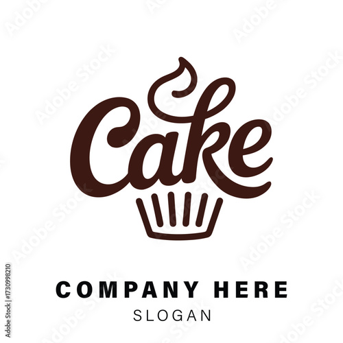 Hand-drawn 'cake' wordmark logo with cupcake icon and placeholder text for branding