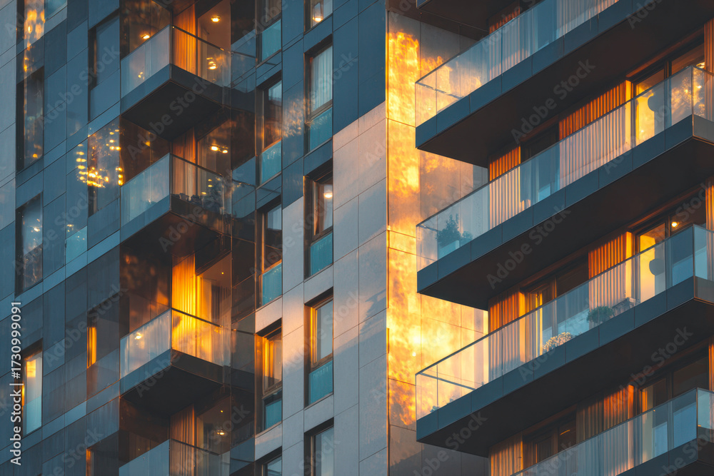 Obraz premium Close-up of a modern apartment building at sunset. The glass facade and balconies reflect a dramatic, warm golden light, contrasting with the dark blue exterior panels.