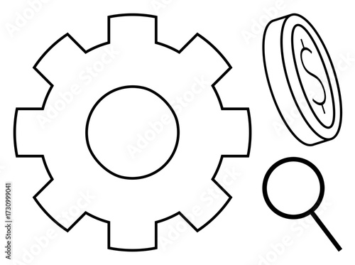 Gear with coin and magnifying glass emphasizing work, analysis, and economy. Ideal for development, research, business, efficiency, financial planning, operations simple flat metaphor