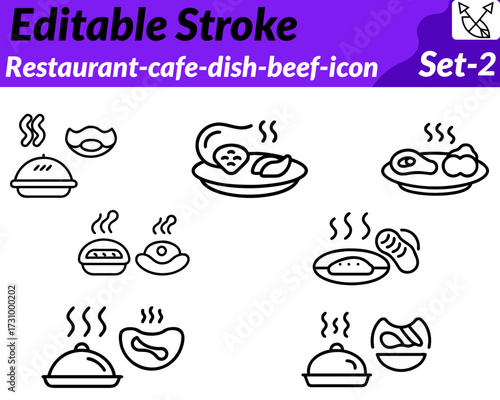 Restaurant café dish beef icon. character in a modern vector style. showing a serving plate with a beef steak, steam lines fork and knife, or cloche cover. Represents dining fresh meals steakhouse.
