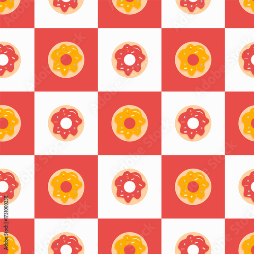 Vector seamless checkered pattern with donuts in red and white squares. Sweet dessert illustration for bakery, cafe, textile and design.