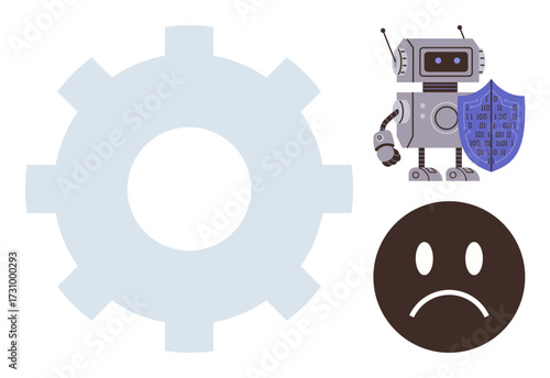 Robot holding shield with binary code, large gear, sad face. Ideal for technology, cybersecurity, automation, problem resolution, risk assessment AI ethics digital safety. Simple flat metaphor